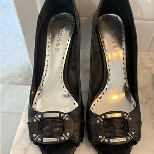 BCBGirls Black Peep Toe Heels with Buckle